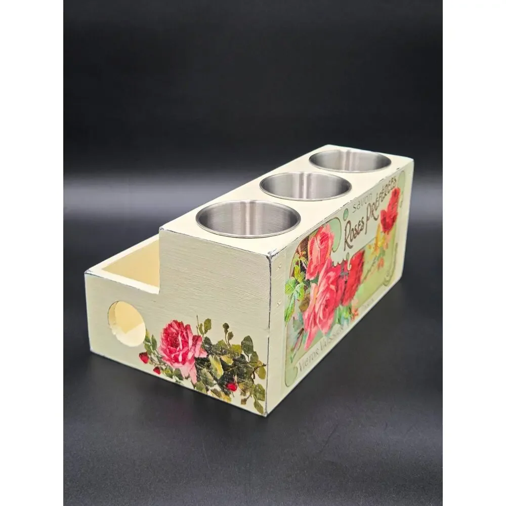 Cream Floral Wooden Desk Organizer – 3 Metal Cups & Front Storage Slot